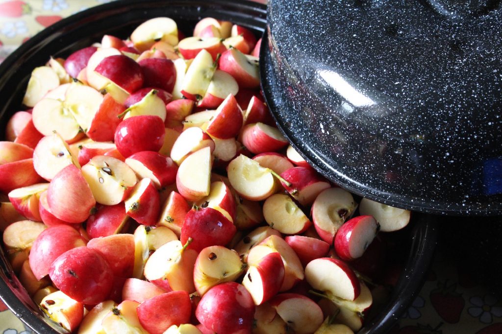 Small apples, cut into quarters, in a roasting pan, ready to be made into sauce.